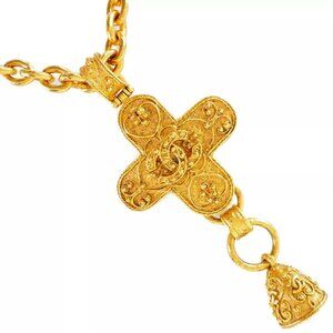 CHANEL COCO Mark Necklace Cross bell vintage gold Plated Gold cross 170g Women